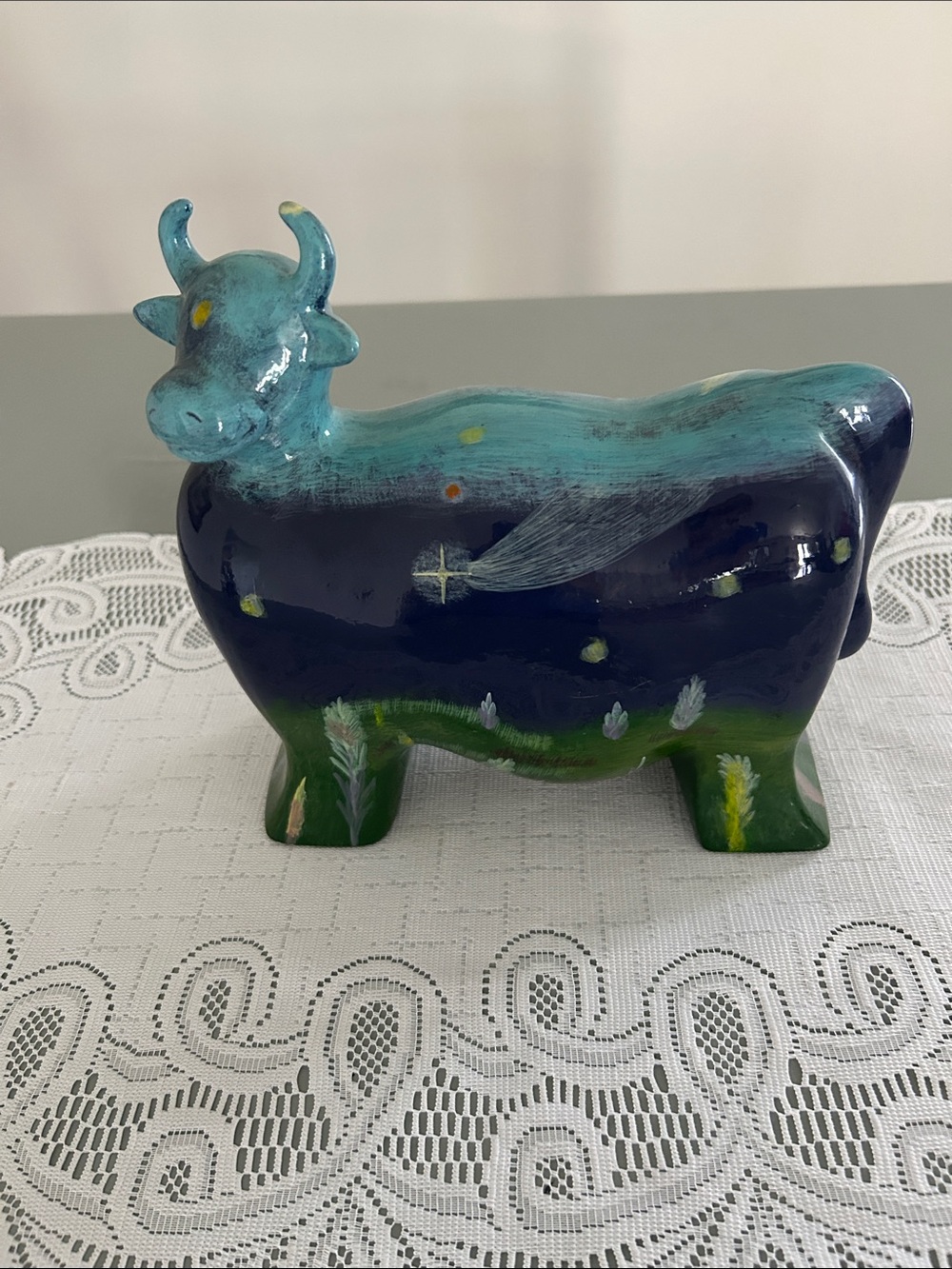 Anatoly Turov Cow Figure Pottery Night Scene Meadow Greens Blues